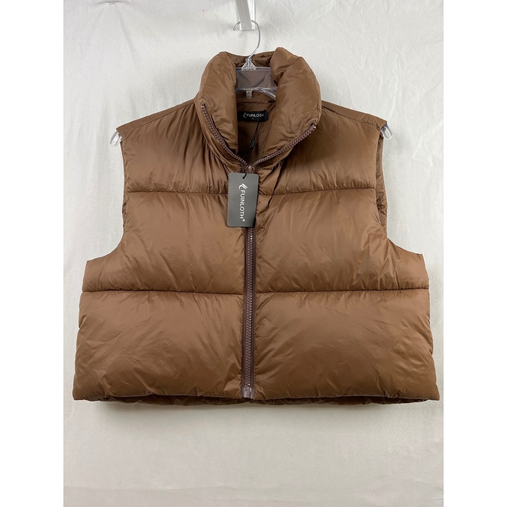 Fuinloth Puffer Vest Womens Large Brown Quilted Zip Up Stand Collar Sleeveless